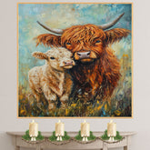 Highland Cow and Calf in Wildflower Field Colorful Farm Animal Artwork for Country Homes and Animal Lovers on Ready to Hang 1.5" Thick Canvas Wrap, Floating Framed Canvas, Flat Rolled Canvas